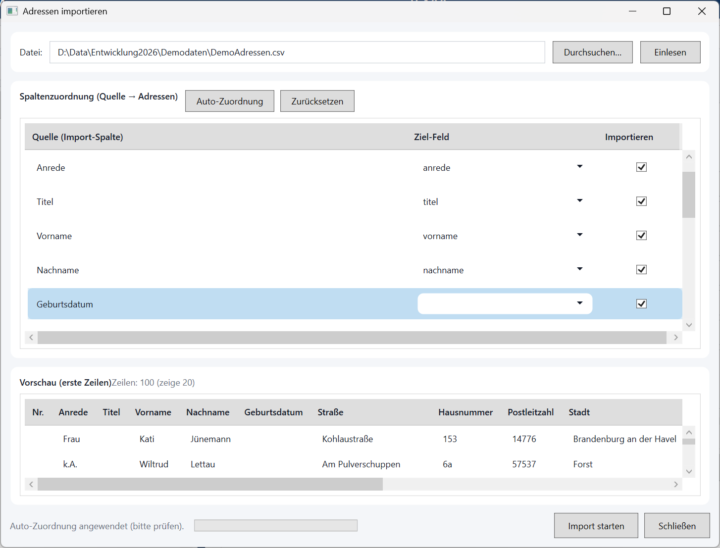 Adressen importieren